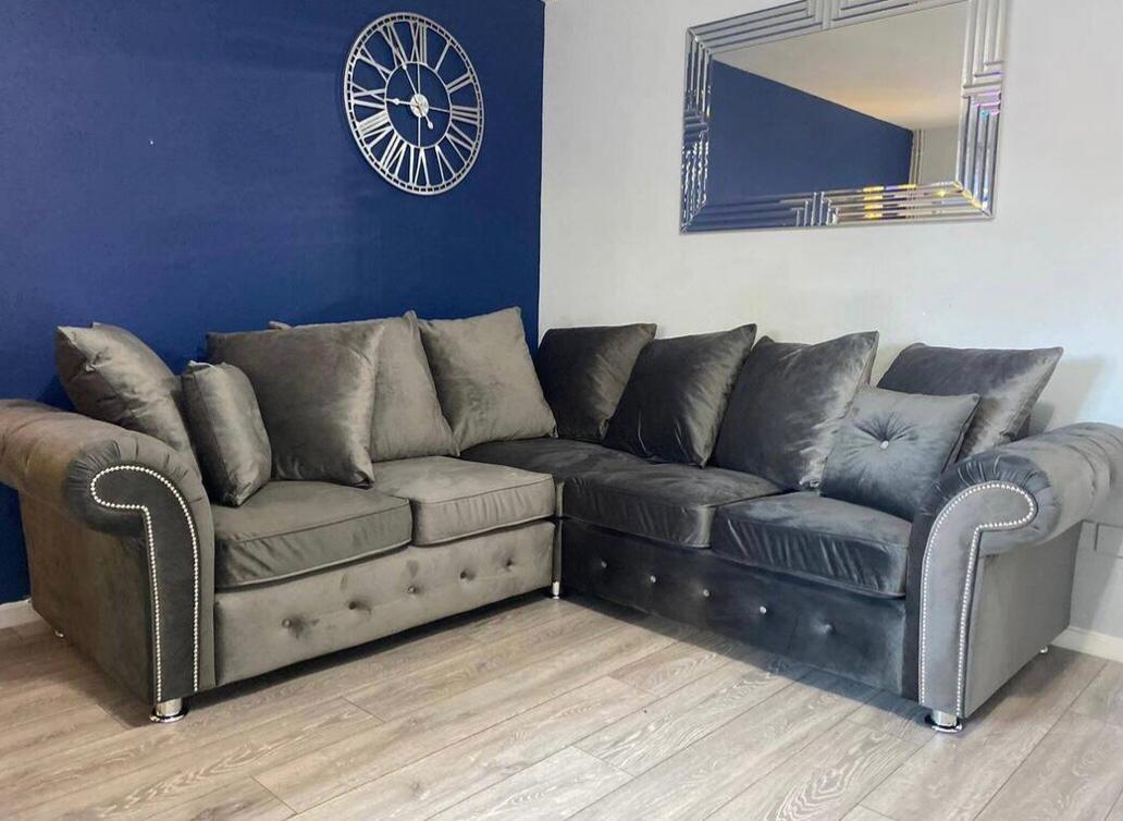 Zoey Plush Corner Sofa Grey-Button Arms