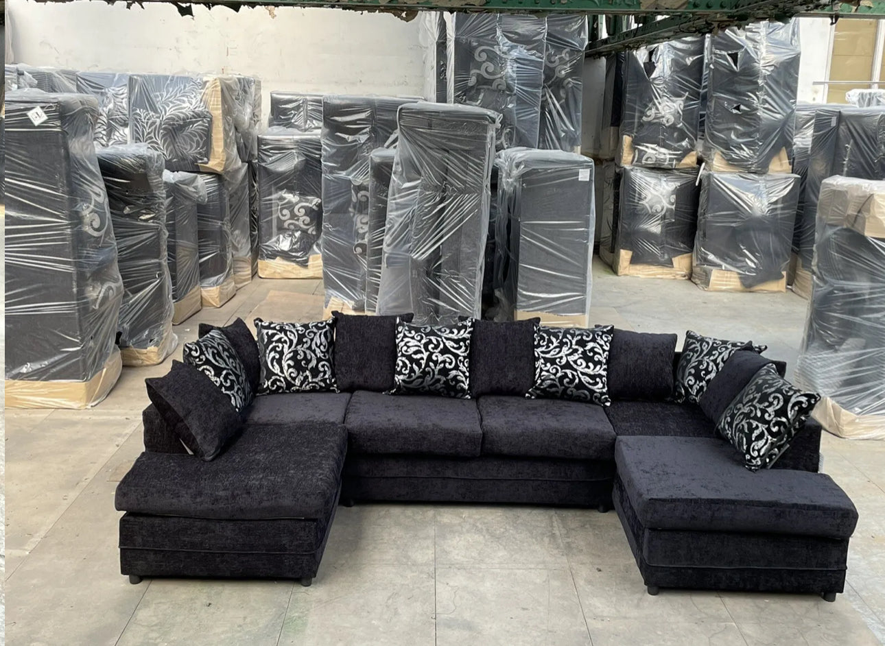 Black Fabric U Shape Sofa