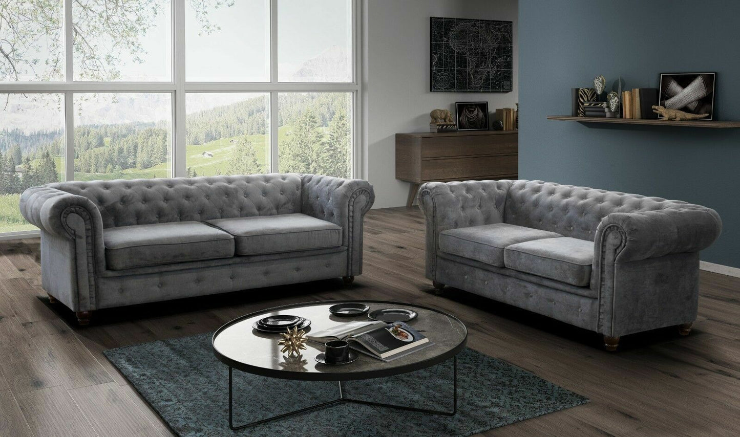 Chesterfield Plush Velvet Fabric 3+ 2 Seater Sofa, Grey, black, green, blue