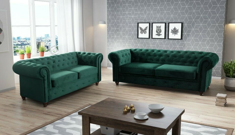 Chesterfield Plush Velvet Fabric 3+ 2 Seater Sofa, Grey, black, green, blue